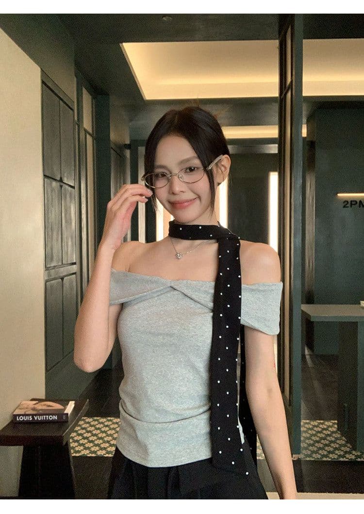 원본 것 회색 오프숄더 반팔 티셔츠 여성 여름 몸매 가꾸기 슬림해 보이는 한 부서 품격 오프숄더 맨위 상세 이미지 20
