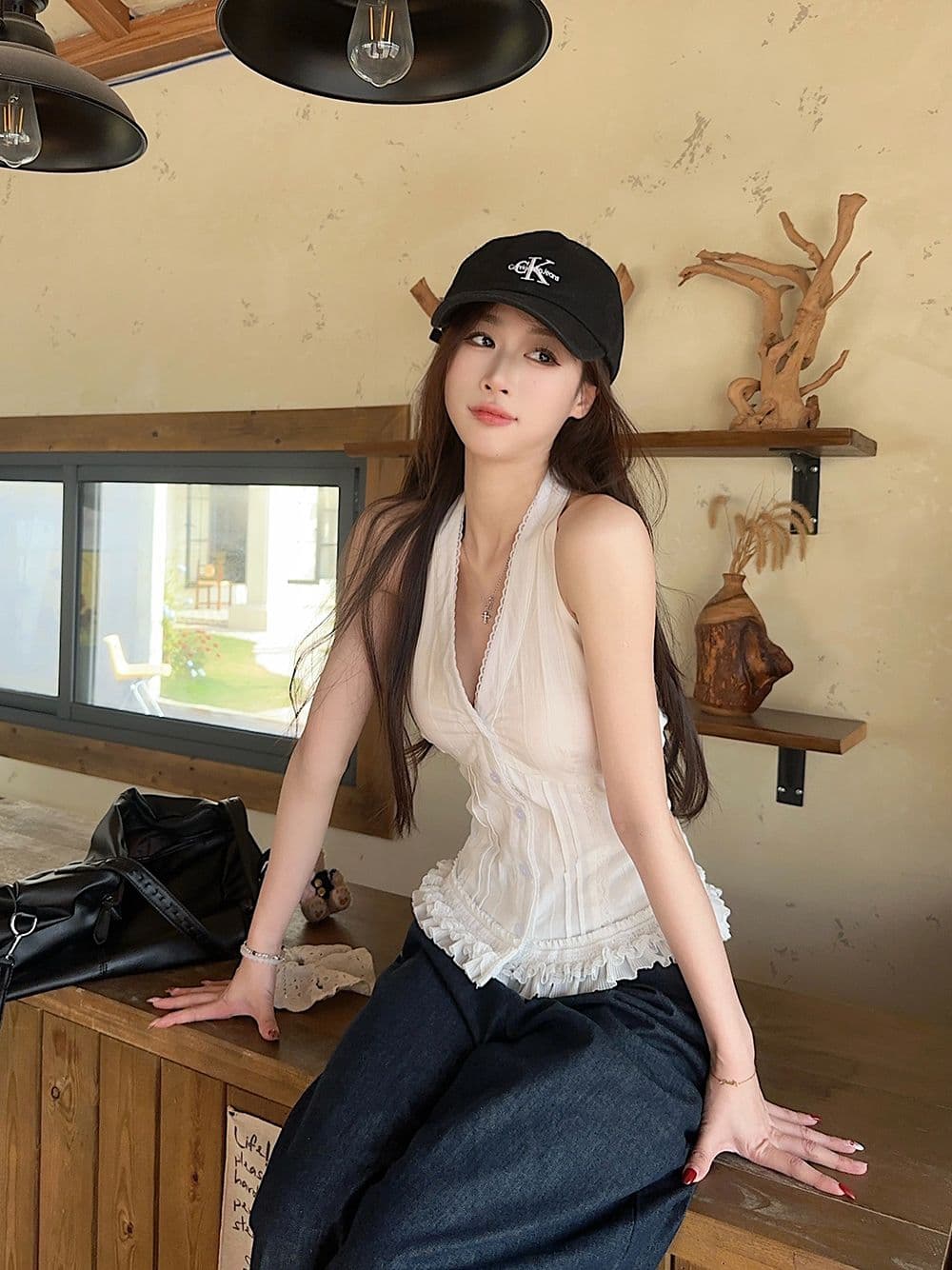 디자인 센스 V넥 레이스 조각 여성 여름 허리 수축 프릴 백리스 민소매 맨위 트렌디 상세 이미지 3