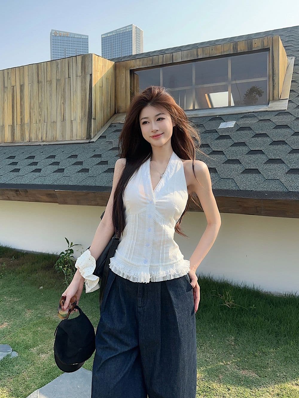 디자인 센스 V넥 레이스 조각 여성 여름 허리 수축 프릴 백리스 민소매 맨위 트렌디 상세 이미지 8