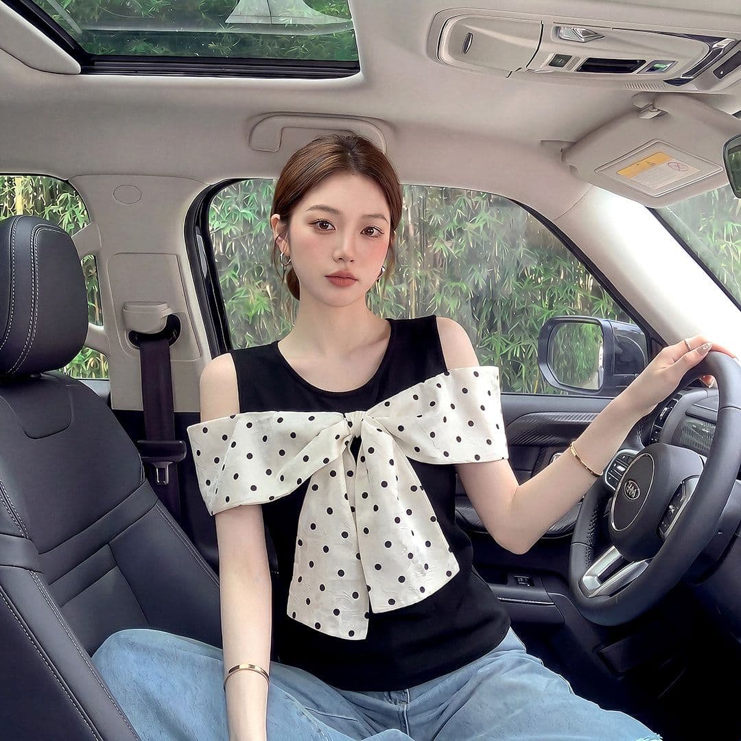 쉬폰 도트 무늬 달콤한 스타일 라운드 넥 나비 매듭 도트 무늬 반팔 티셔츠 오프숄더 맨위 여성 상세 이미지 2