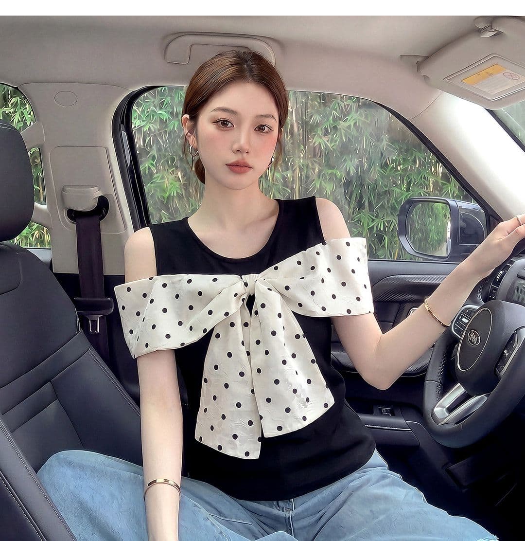 쉬폰 도트 무늬 달콤한 스타일 라운드 넥 나비 매듭 도트 무늬 반팔 티셔츠 오프숄더 맨위 여성 상세 이미지 13