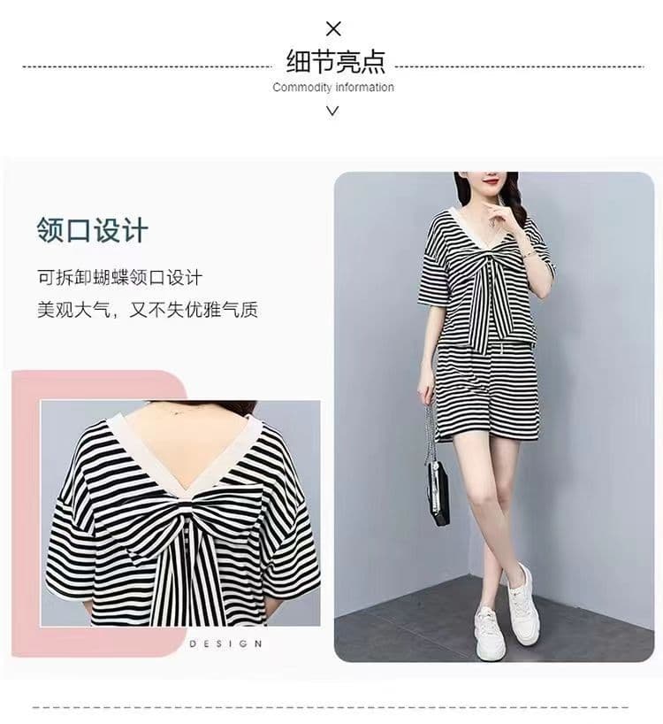 양면 웨어러블 여름 새로운 한국 스타일 루즈핏 스트라이프 나비 매듭 반팔 티셔츠 바지 투피스 세트 빅 사이즈 여성 의류 상세 이미지 6