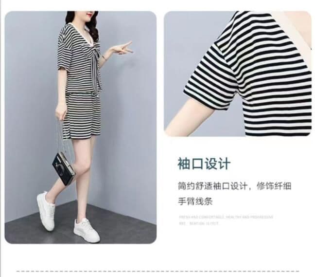양면 웨어러블 여름 새로운 한국 스타일 루즈핏 스트라이프 나비 매듭 반팔 티셔츠 바지 투피스 세트 빅 사이즈 여성 의류 상세 이미지 7