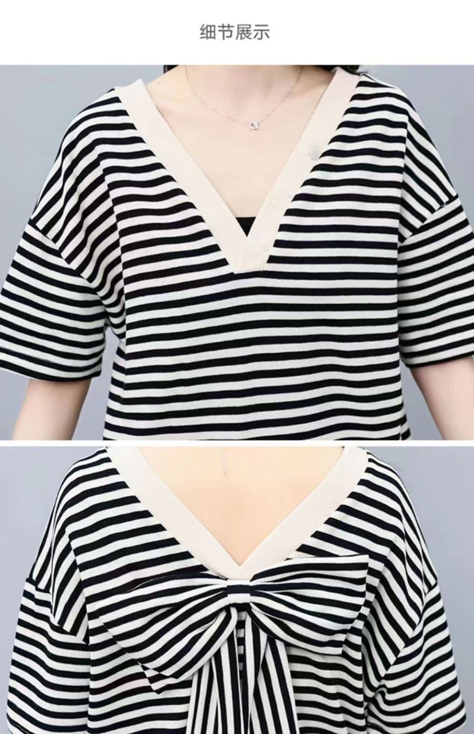 양면 웨어러블 여름 새로운 한국 스타일 루즈핏 스트라이프 나비 매듭 반팔 티셔츠 바지 투피스 세트 빅 사이즈 여성 의류 상세 이미지 15