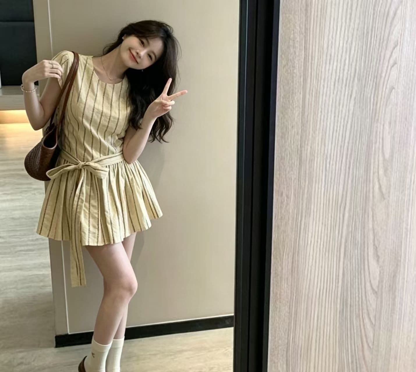 달콤함 미니 스커트 패션 스트랩 년 여름 반팔 드레스 2026 한 부서 다용도 허리 수축 슬림해 보이는 새로운 살구 색상 상세 이미지 5