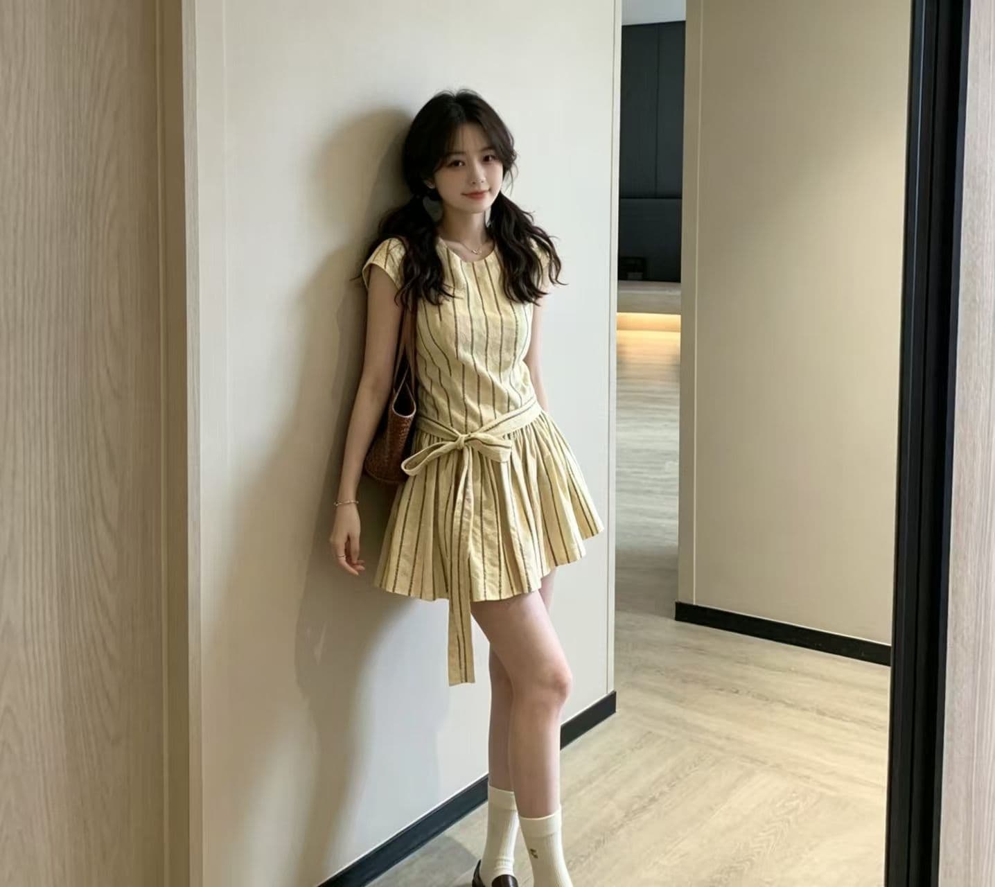 달콤함 미니 스커트 패션 스트랩 년 여름 반팔 드레스 2026 한 부서 다용도 허리 수축 슬림해 보이는 새로운 살구 색상 상세 이미지 6