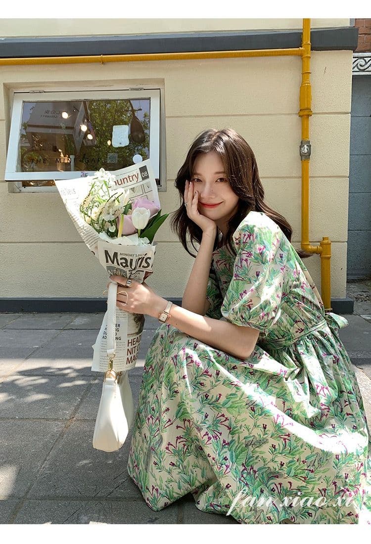 2026 새로운 여성 봄 여름 드레스 하이웨이스트 롱 코트 여성 드레스 여름 작은 청신 꽃무늬 광장 칼라 반팔 치마 허리 수축 상세 이미지 1