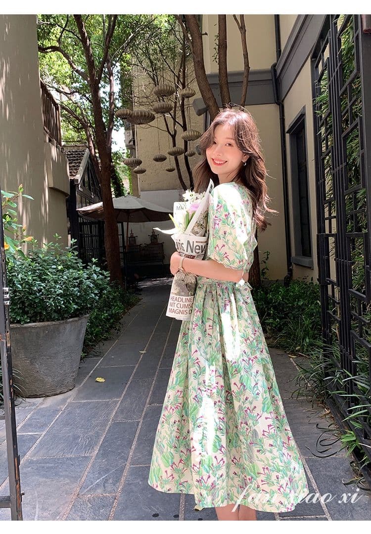 2026 새로운 여성 봄 여름 드레스 하이웨이스트 롱 코트 여성 드레스 여름 작은 청신 꽃무늬 광장 칼라 반팔 치마 허리 수축 상세 이미지 9
