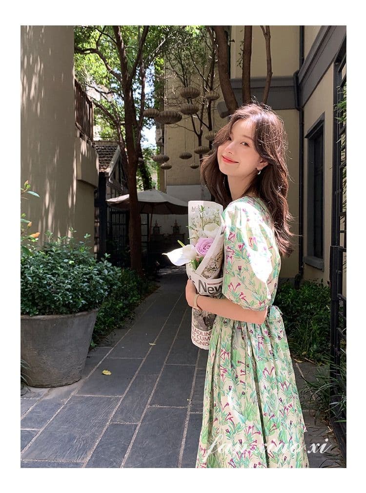 2026 새로운 여성 봄 여름 드레스 하이웨이스트 롱 코트 여성 드레스 여름 작은 청신 꽃무늬 광장 칼라 반팔 치마 허리 수축 상세 이미지 11