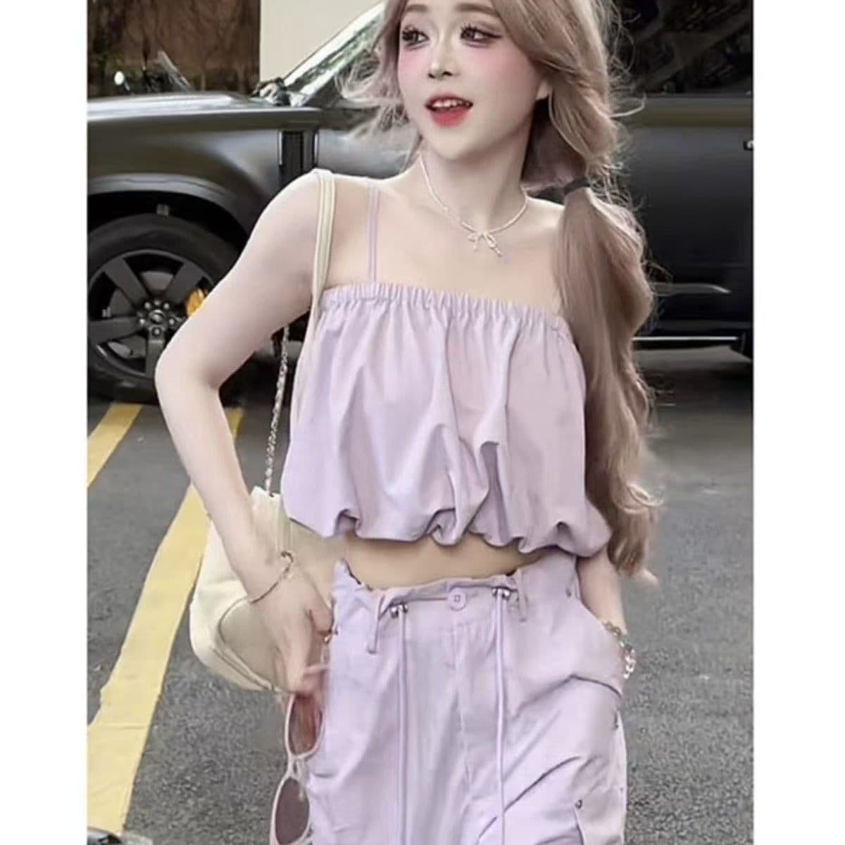 워크웨어 팬츠 스포츠 슈트 여성 여름 2026 새로운 세련된 민소매 맨위 와이드 레그 팬츠 캐주얼 튀김 거리 투피스 세트 이미지 5