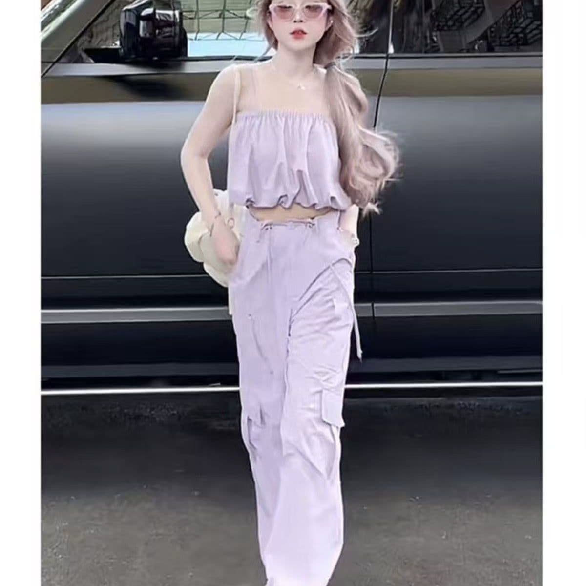 워크웨어 팬츠 스포츠 슈트 여성 여름 2026 새로운 세련된 민소매 맨위 와이드 레그 팬츠 캐주얼 튀김 거리 투피스 세트
