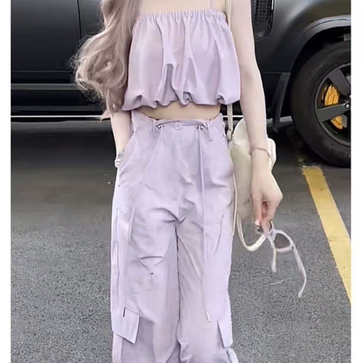 워크웨어 팬츠 스포츠 슈트 여성 여름 2026 새로운 세련된 민소매 맨위 와이드 레그 팬츠 캐주얼 튀김 거리 투피스 세트 이미지 3