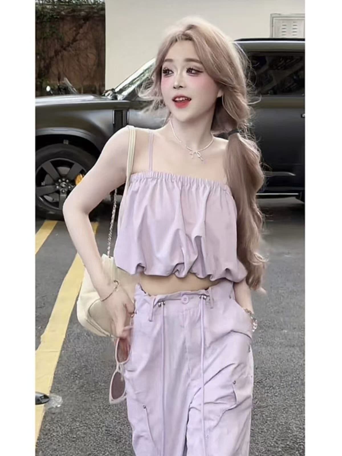 워크웨어 팬츠 스포츠 슈트 여성 여름 2026 새로운 세련된 민소매 맨위 와이드 레그 팬츠 캐주얼 튀김 거리 투피스 세트 상세 이미지 3