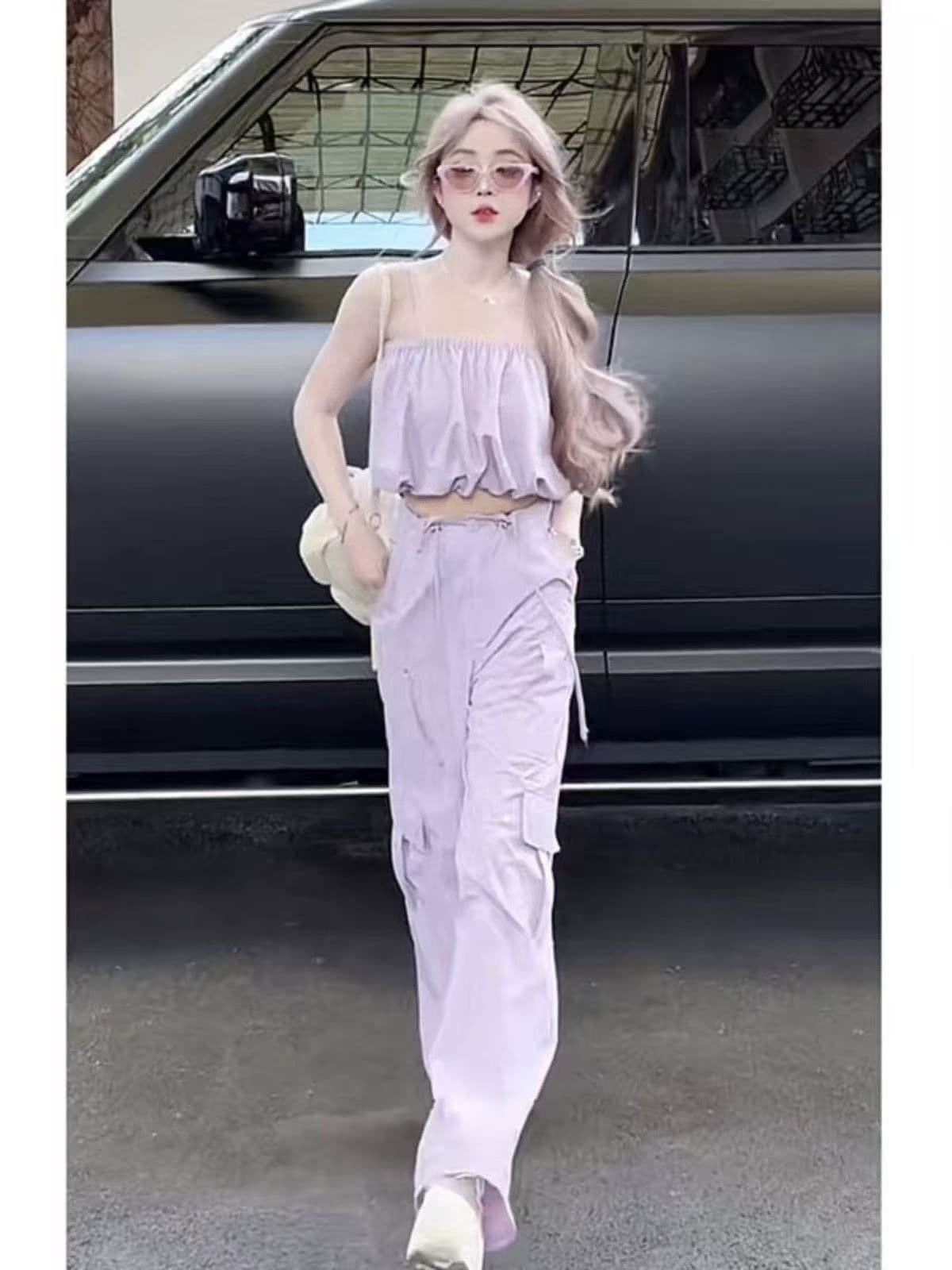 워크웨어 팬츠 스포츠 슈트 여성 여름 2026 새로운 세련된 민소매 맨위 와이드 레그 팬츠 캐주얼 튀김 거리 투피스 세트 상세 이미지 4