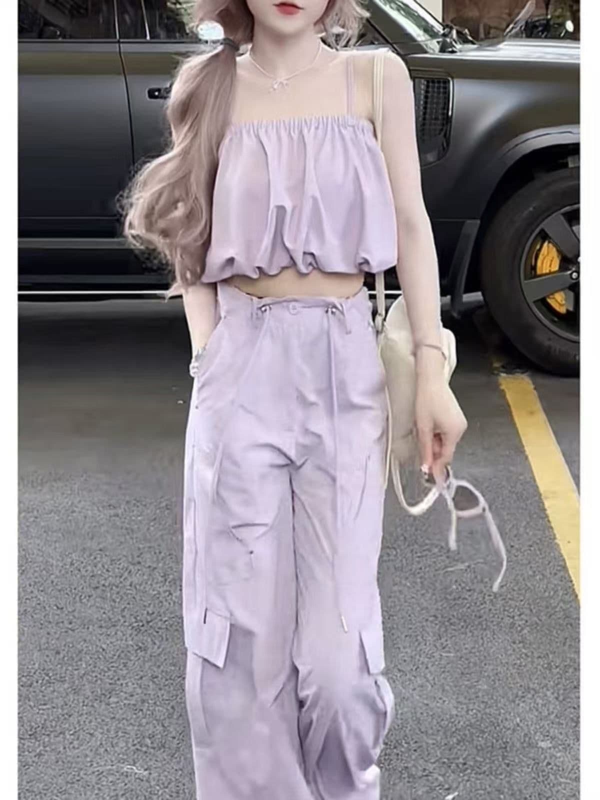 워크웨어 팬츠 스포츠 슈트 여성 여름 2026 새로운 세련된 민소매 맨위 와이드 레그 팬츠 캐주얼 튀김 거리 투피스 세트 상세 이미지 5