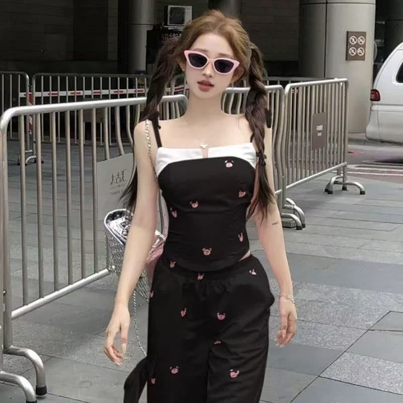 여름 드레스 작은 키 한 부서 코디 전체 집합 학원 스타일 작은 곰 슬립 나비 매듭 와이드 레그 팬츠 두 조각 여성 세트 상세 이미지 1