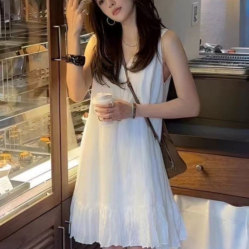 프랑스식 고급 센스 프릴 V넥 민소매 여성 드레스 2026 새로운 여름 루즈핏 캐주얼 화이트 미니 스커트 이미지 5