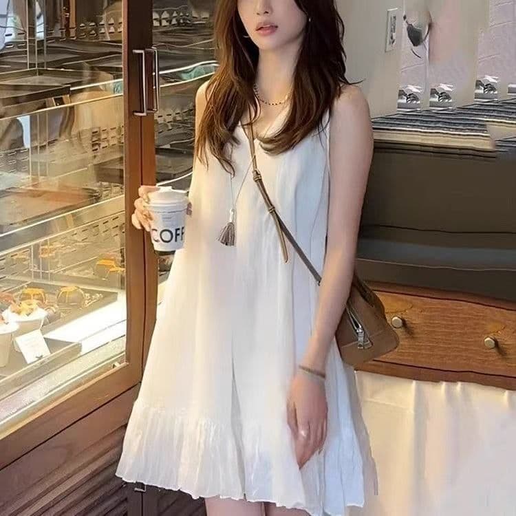 프랑스식 고급 센스 프릴 V넥 민소매 여성 드레스 2026 새로운 여름 루즈핏 캐주얼 화이트 미니 스커트 상세 이미지 2