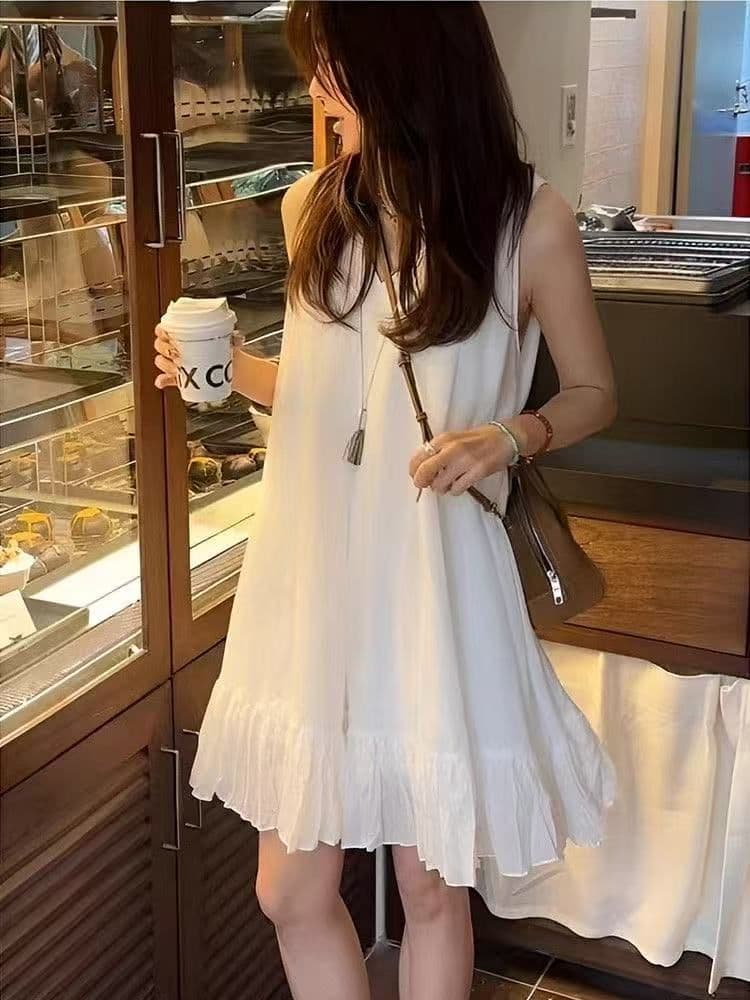 프랑스식 고급 센스 프릴 V넥 민소매 여성 드레스 2026 새로운 여름 루즈핏 캐주얼 화이트 미니 스커트 상세 이미지 3