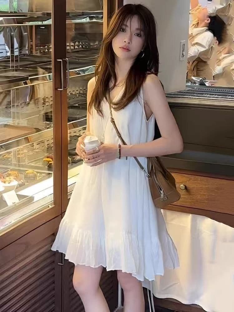 프랑스식 고급 센스 프릴 V넥 민소매 여성 드레스 2026 새로운 여름 루즈핏 캐주얼 화이트 미니 스커트 상세 이미지 4