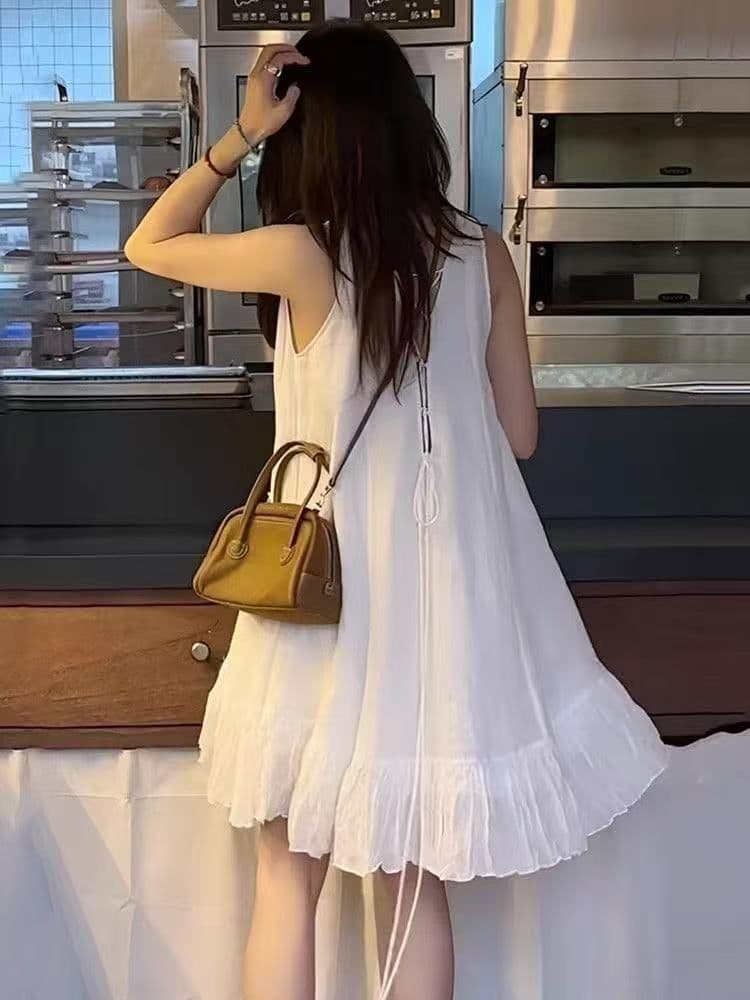 프랑스식 고급 센스 프릴 V넥 민소매 여성 드레스 2026 새로운 여름 루즈핏 캐주얼 화이트 미니 스커트 상세 이미지 5