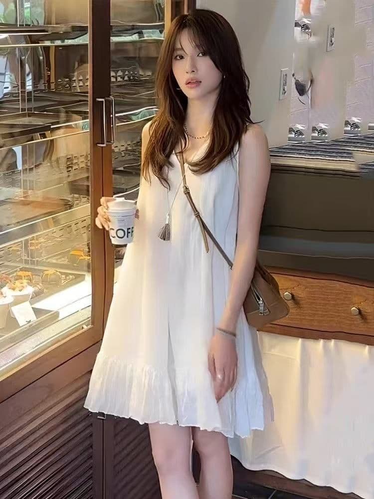 프랑스식 고급 센스 프릴 V넥 민소매 여성 드레스 2026 새로운 여름 루즈핏 캐주얼 화이트 미니 스커트 상세 이미지 6