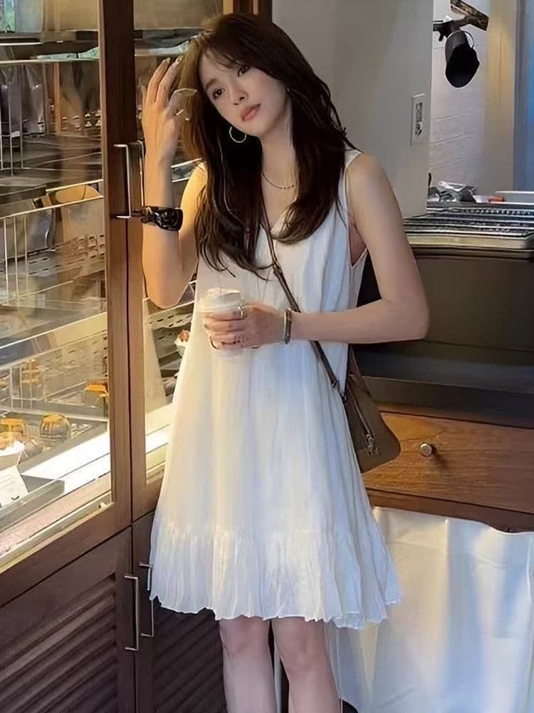 프랑스식 고급 센스 프릴 V넥 민소매 여성 드레스 2026 새로운 여름 루즈핏 캐주얼 화이트 미니 스커트 상세 이미지 7