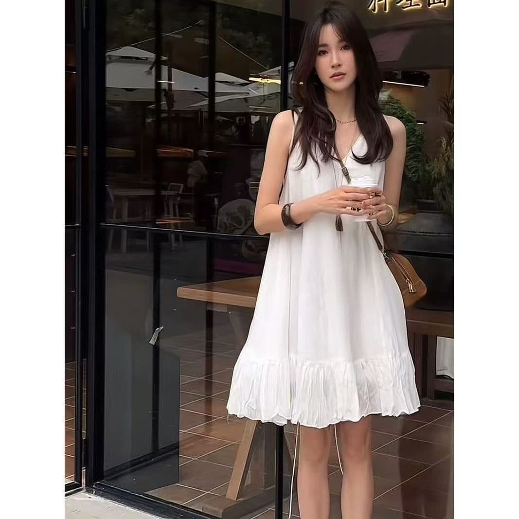 프랑스식 고급 센스 프릴 V넥 민소매 여성 드레스 2026 새로운 여름 루즈핏 캐주얼 화이트 미니 스커트 상세 이미지 8