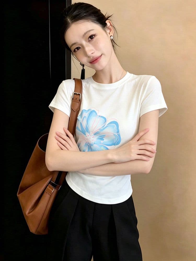 디자인 센스 아메리칸 달콤한 핫걸 몸매 가꾸기 반팔 티셔츠 여성 여름 ins Chic 고유 한 꽃 프린트 쇼트 스타일 맨위 상세 이미지 5