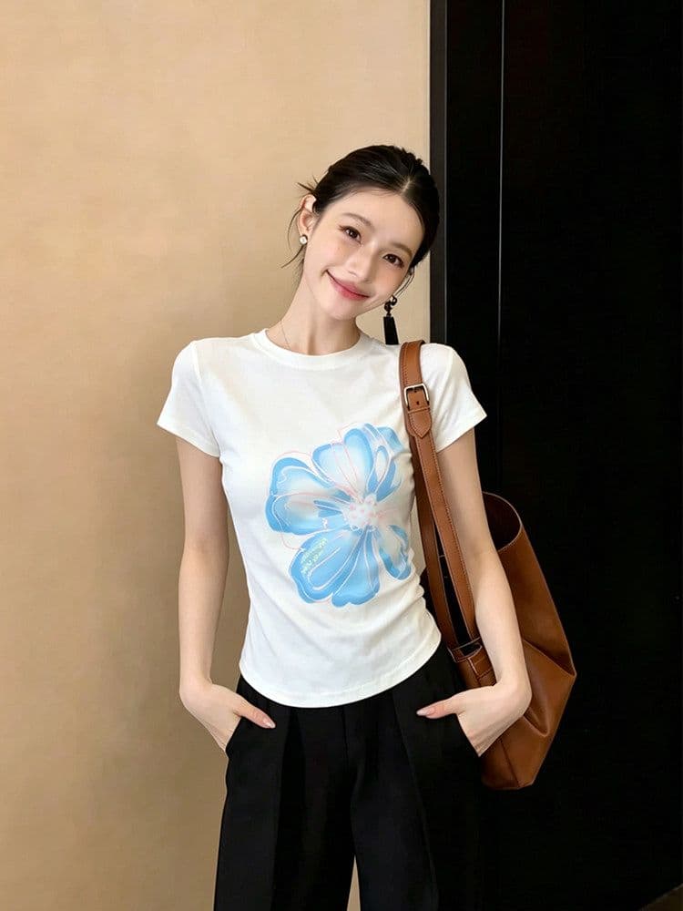 디자인 센스 아메리칸 달콤한 핫걸 몸매 가꾸기 반팔 티셔츠 여성 여름 ins Chic 고유 한 꽃 프린트 쇼트 스타일 맨위 상세 이미지 6