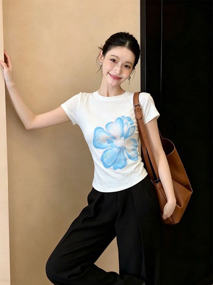 디자인 센스 아메리칸 달콤한 핫걸 몸매 가꾸기 반팔 티셔츠 여성 여름 ins Chic 고유 한 꽃 프린트 쇼트 스타일 맨위 상세 이미지 7