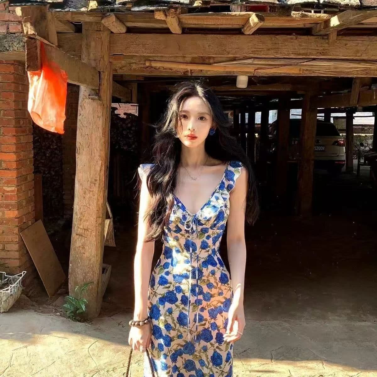 톰 글 래 원인 블루 V넥 꽃무늬 슬립 여성 드레스 여름 휴가 바람 롱 스커트 이미지 3