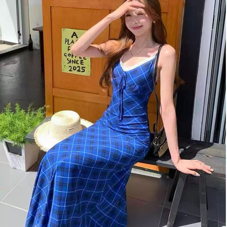 프랑스식 파란색 여성 드레스 여름 섹시함 V넥 슬립 드레스 허리 수축 슬림해 보이는 한 마디 롱 스커트 아름다운 롱 코트 치마