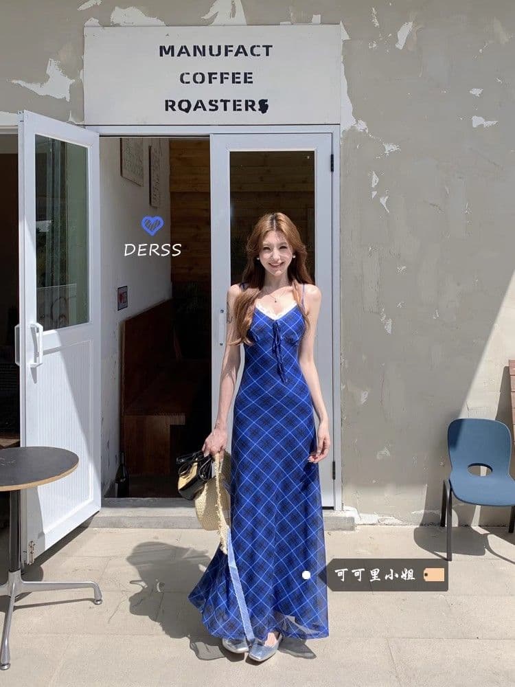 프랑스식 파란색 여성 드레스 여름 섹시함 V넥 슬립 드레스 허리 수축 슬림해 보이는 한 마디 롱 스커트 아름다운 롱 코트 치마 상세 이미지 13
