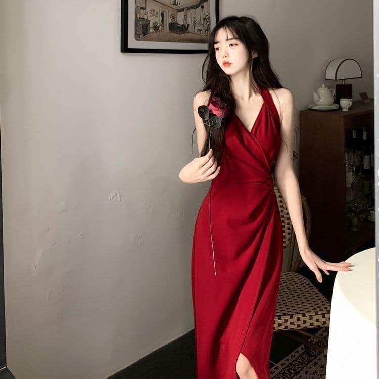 빅 사이즈 여성 의류 봄 가을 새로운 지방 mm 표지 배 슬림해 보이는 빨간색 슬립 롱 스커트 프랑스식 고급 행침 목 드레스 여름 상세 이미지 6