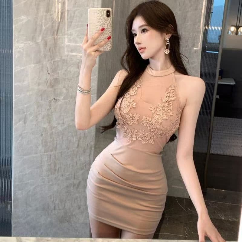 부드러운 숙녀 꽃 망사 행침 목 민소매 드레스 순수한 욕망 품격 몸매 가꾸기 백리스 슬림해 보이는 드레스 복장