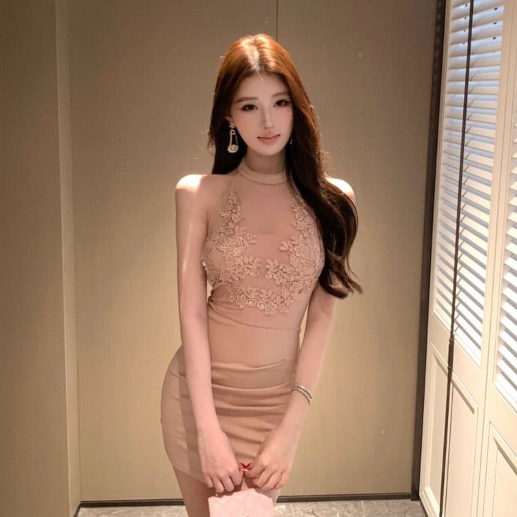 부드러운 숙녀 꽃 망사 행침 목 민소매 드레스 순수한 욕망 품격 몸매 가꾸기 백리스 슬림해 보이는 드레스 복장 상세 이미지 9