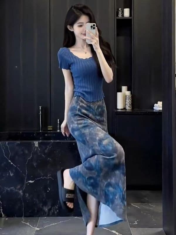 한 부서 레트로 패치워크 파란색 니트 반팔 티셔츠 여성 여름 몸매 가꾸기 슬림해 보이는 디자인 센스 다용도 캐주얼 맨위 이미지 2
