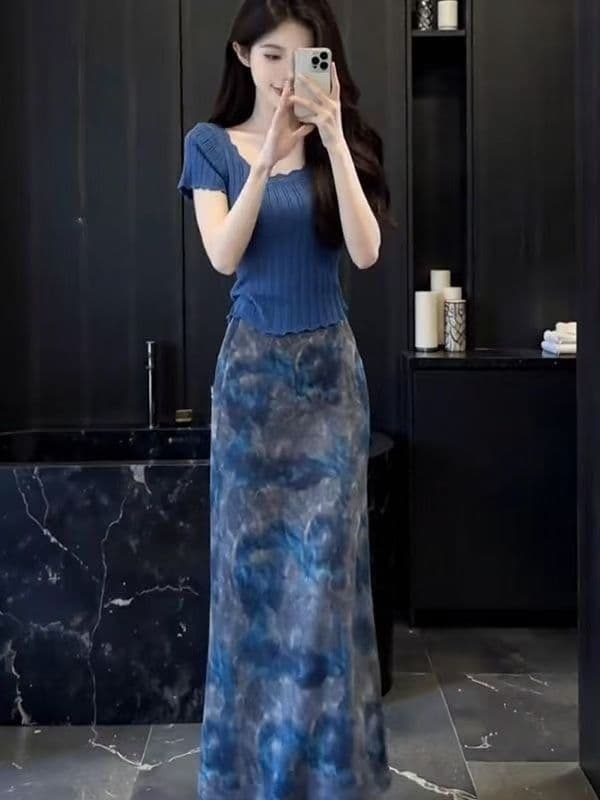 한 부서 레트로 패치워크 파란색 니트 반팔 티셔츠 여성 여름 몸매 가꾸기 슬림해 보이는 디자인 센스 다용도 캐주얼 맨위 이미지 3