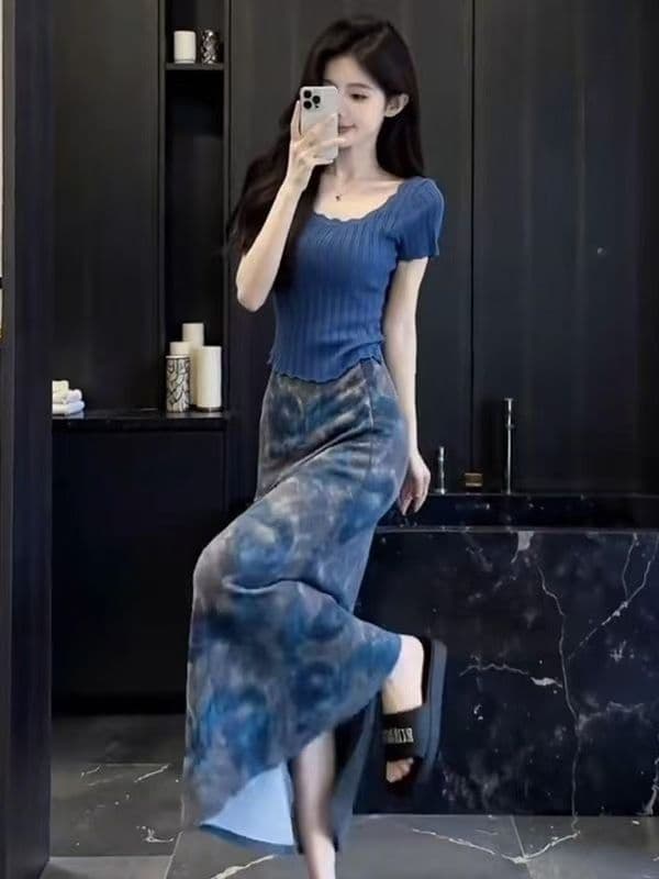 한 부서 레트로 패치워크 파란색 니트 반팔 티셔츠 여성 여름 몸매 가꾸기 슬림해 보이는 디자인 센스 다용도 캐주얼 맨위 상세 이미지 9
