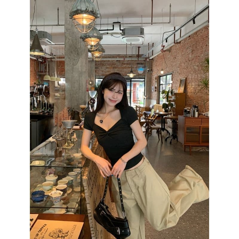 원본 것 스트라이프 V넥 비틀림 반팔 티셔츠 여성 여름 한 부서 착용 가져 가라. 작은 키 쇼트 스타일 맨위 이미지 3