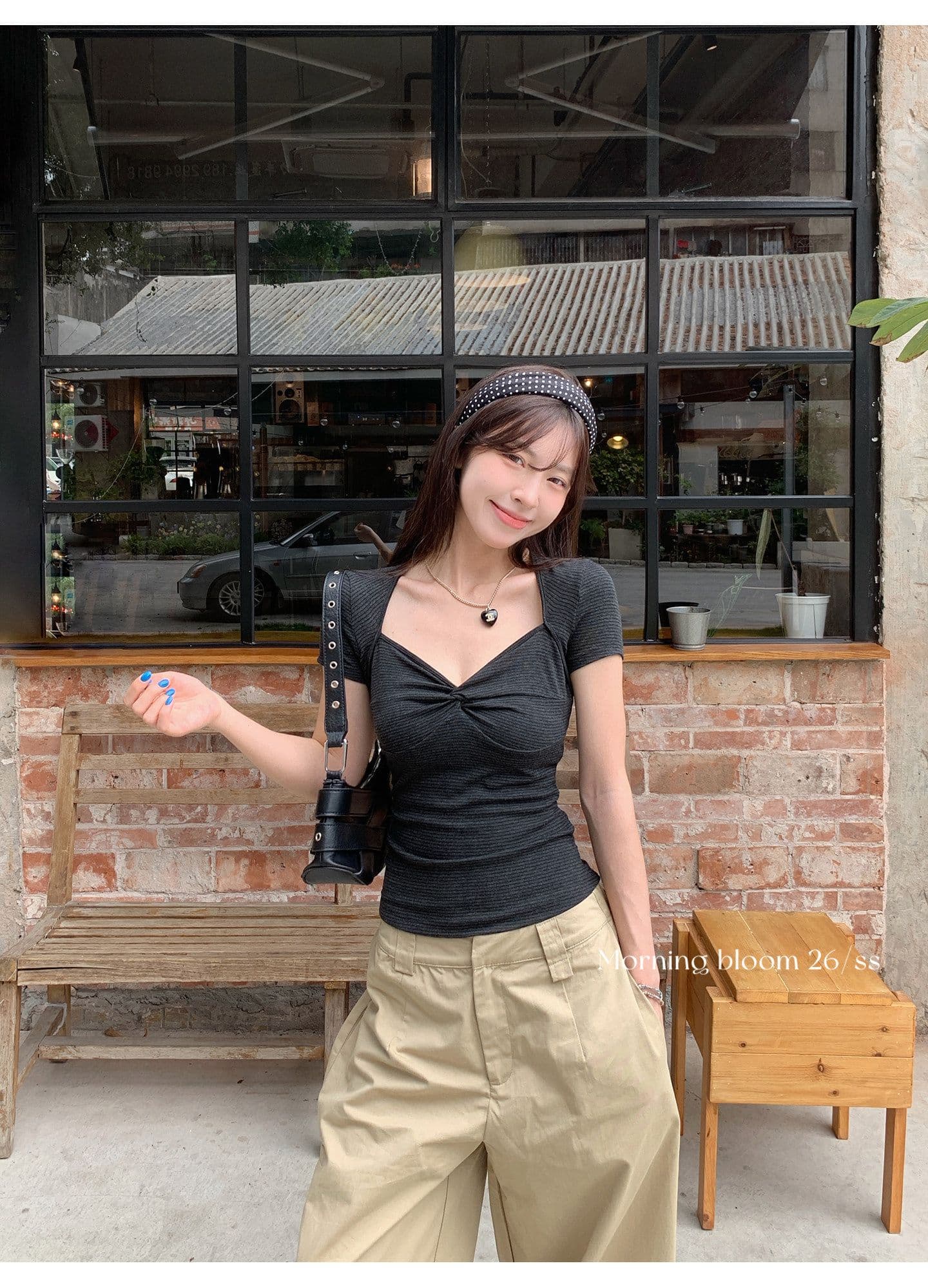 원본 것 스트라이프 V넥 비틀림 반팔 티셔츠 여성 여름 한 부서 착용 가져 가라. 작은 키 쇼트 스타일 맨위 상세 이미지 2
