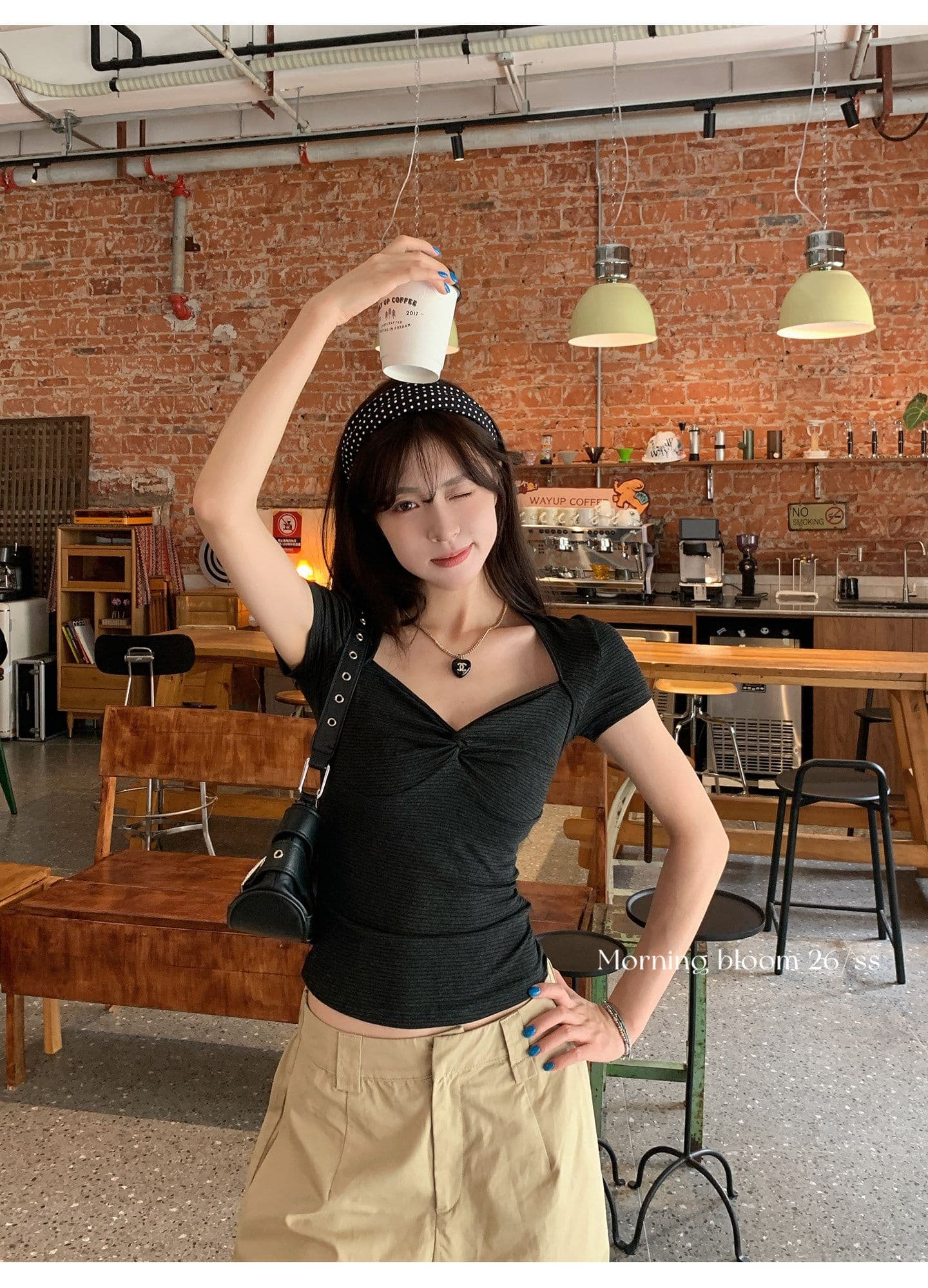 원본 것 스트라이프 V넥 비틀림 반팔 티셔츠 여성 여름 한 부서 착용 가져 가라. 작은 키 쇼트 스타일 맨위 상세 이미지 10