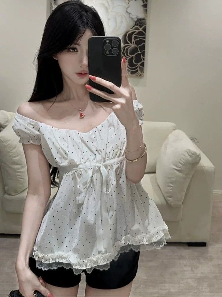 도트 무늬 레이스 반팔 티셔츠 여성 여름 루즈핏 슬림해 보이는 한 부서 슈퍼 잘 생긴 아름다운 맨위 상세 이미지 18