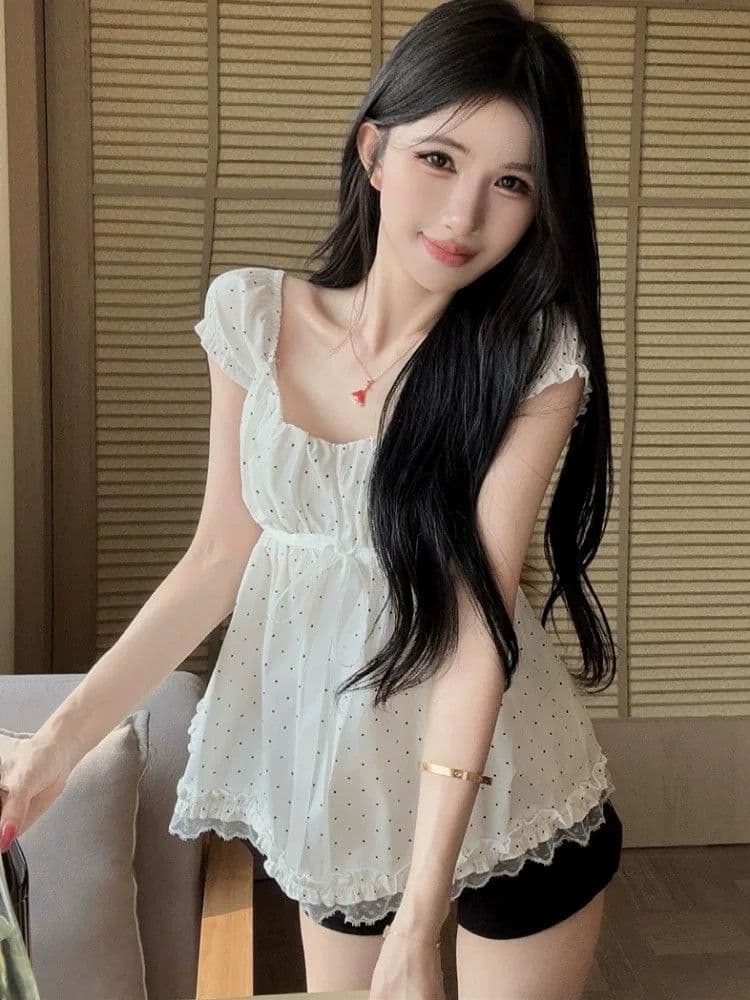 도트 무늬 레이스 반팔 티셔츠 여성 여름 루즈핏 슬림해 보이는 한 부서 슈퍼 잘 생긴 아름다운 맨위 상세 이미지 19