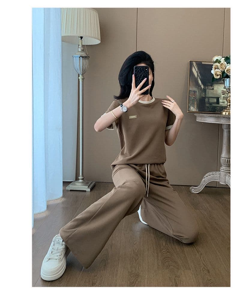 유럽 상품 조수 브랜드 캐주얼 스포츠 슈트 여성 여름 외국 가스 슬림해 보이는 고급 센스 반팔 티셔츠 와이드 레그 팬츠 투피스 세트 상세 이미지 6