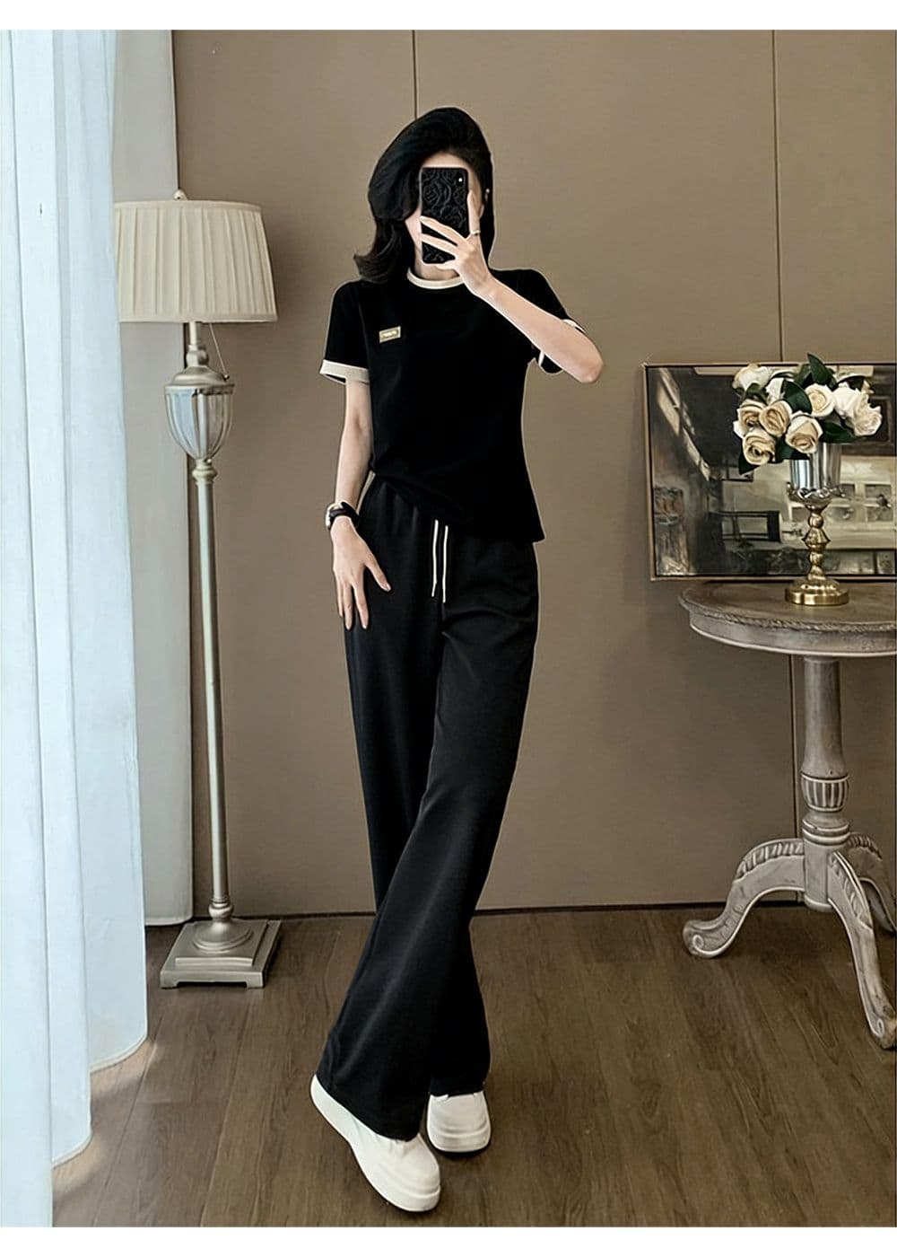 유럽 상품 조수 브랜드 캐주얼 스포츠 슈트 여성 여름 외국 가스 슬림해 보이는 고급 센스 반팔 티셔츠 와이드 레그 팬츠 투피스 세트 상세 이미지 11