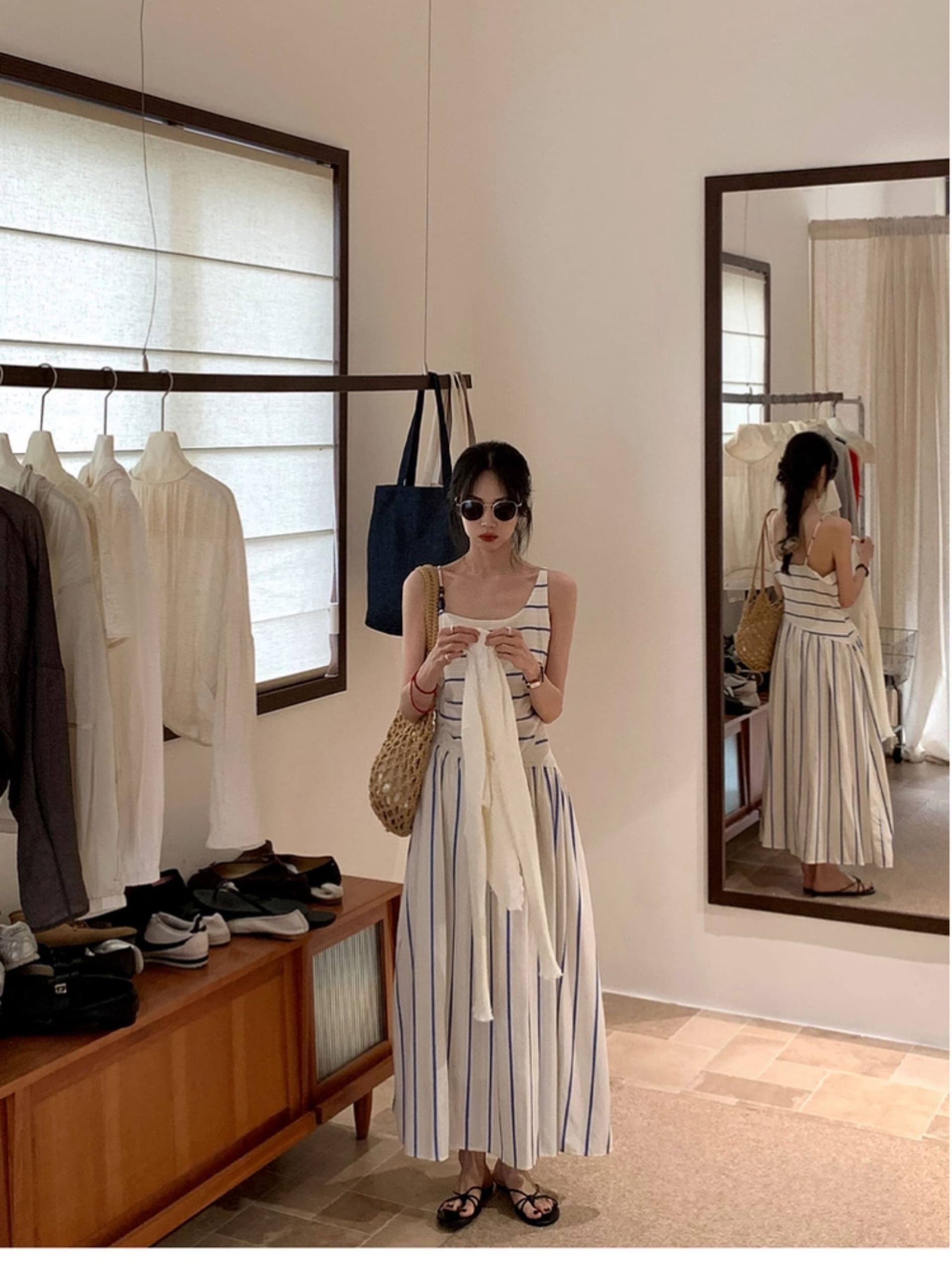 프랑스식 휴가 바람 Chic 불규칙 칼라 디자인 레이스 패치워크 세로 줄무늬 허리 수축 슬림해 보이는 슬립 여성 드레스 상세 이미지 4