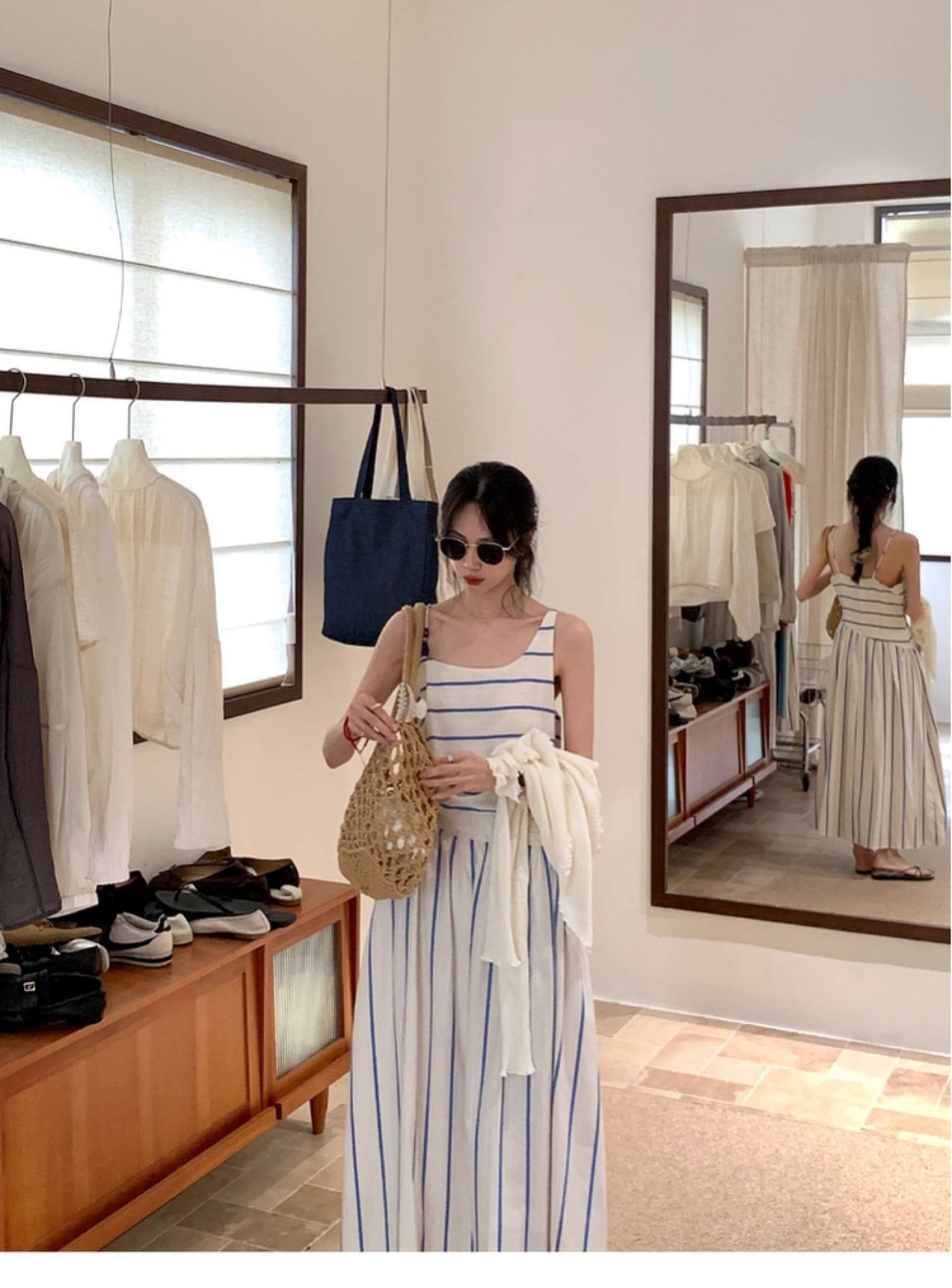 프랑스식 휴가 바람 Chic 불규칙 칼라 디자인 레이스 패치워크 세로 줄무늬 허리 수축 슬림해 보이는 슬립 여성 드레스 상세 이미지 5