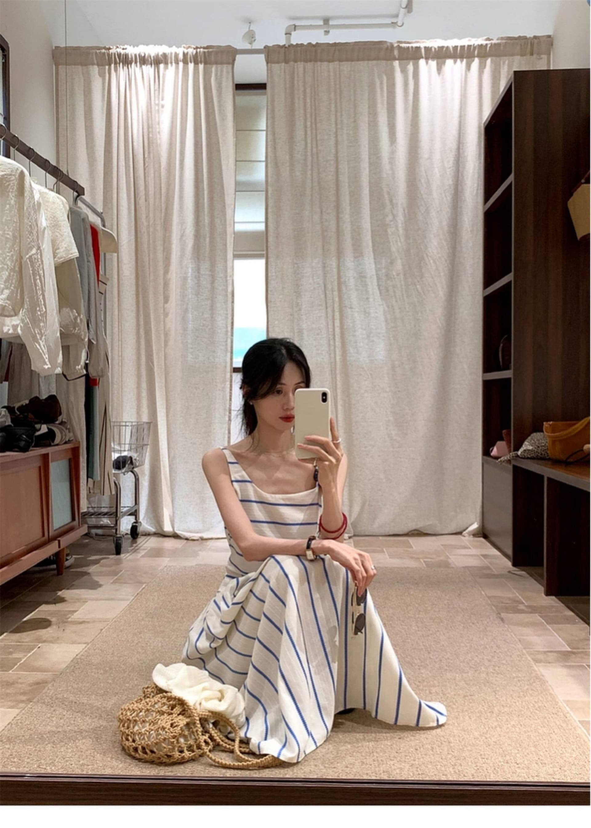 프랑스식 휴가 바람 Chic 불규칙 칼라 디자인 레이스 패치워크 세로 줄무늬 허리 수축 슬림해 보이는 슬립 여성 드레스 상세 이미지 8